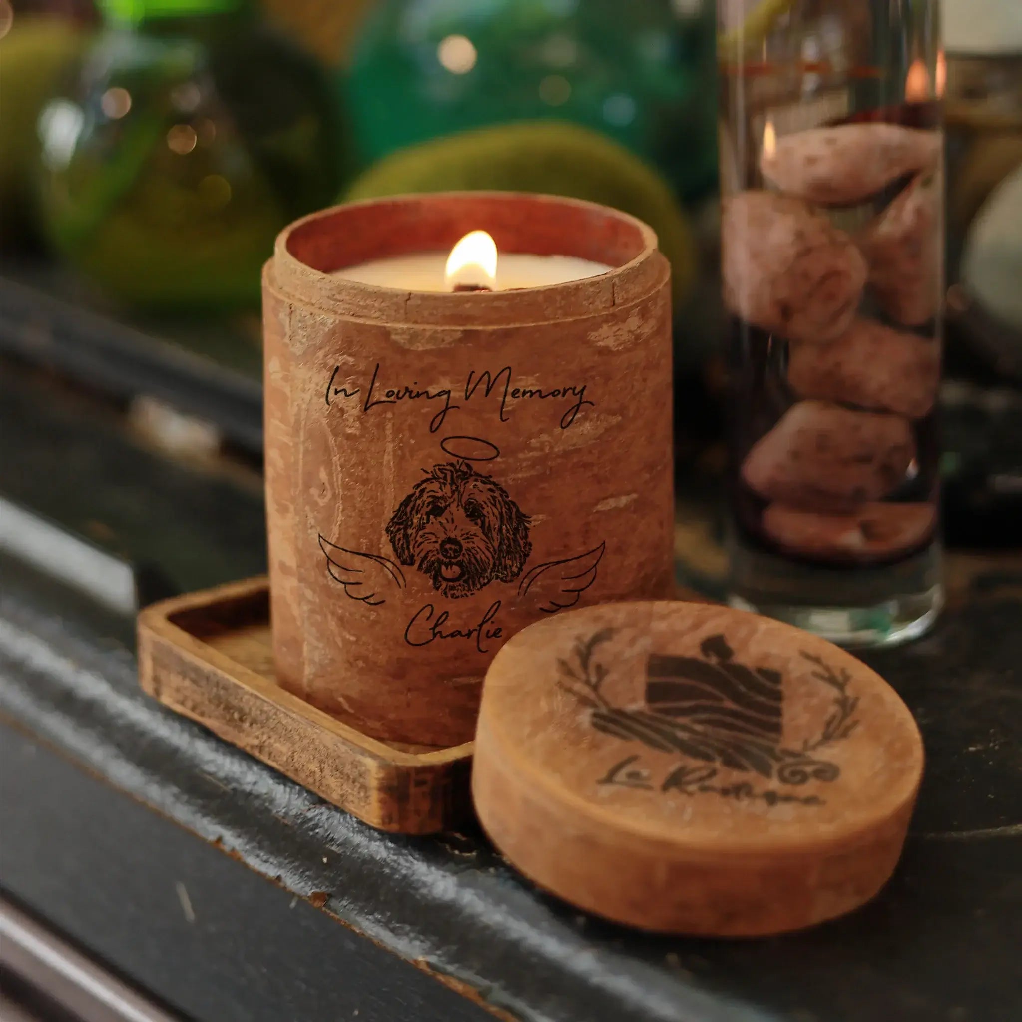Le Rustique personalized dog memorial candle with name 'Charlie'