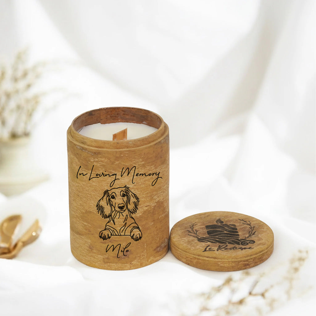 Custom soy wax candle with text name for pet in a cinnamon bark jar