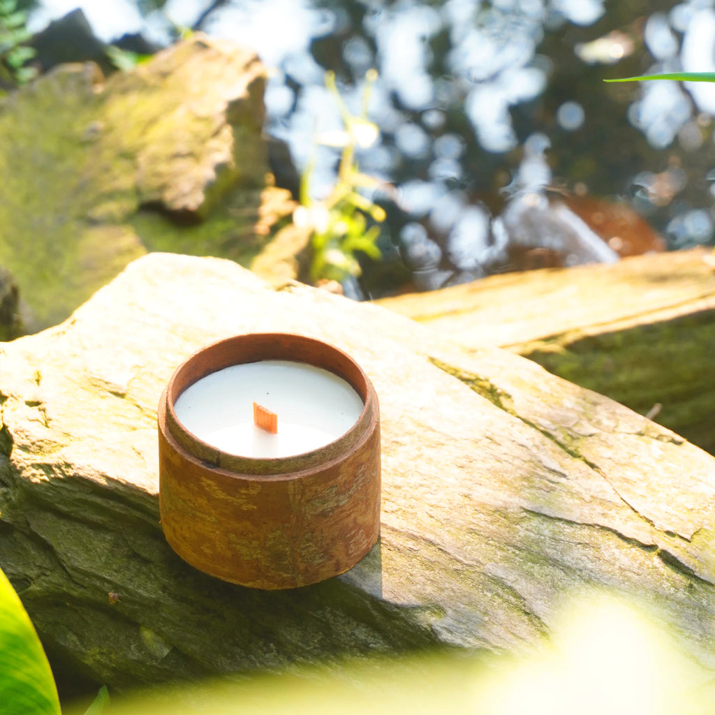summer scented candle 3.2oz in a wooden holder on a rock with a natural background
