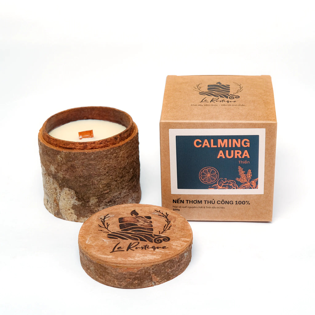 Calming Aura Scented Candle for aromatherapy relaxing with natural soy wax and wood jar