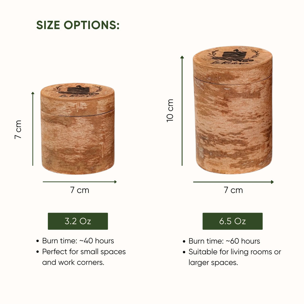 Le Rustique soy wax candle size options: 3.2oz and 6.5oz, burn time 40hours