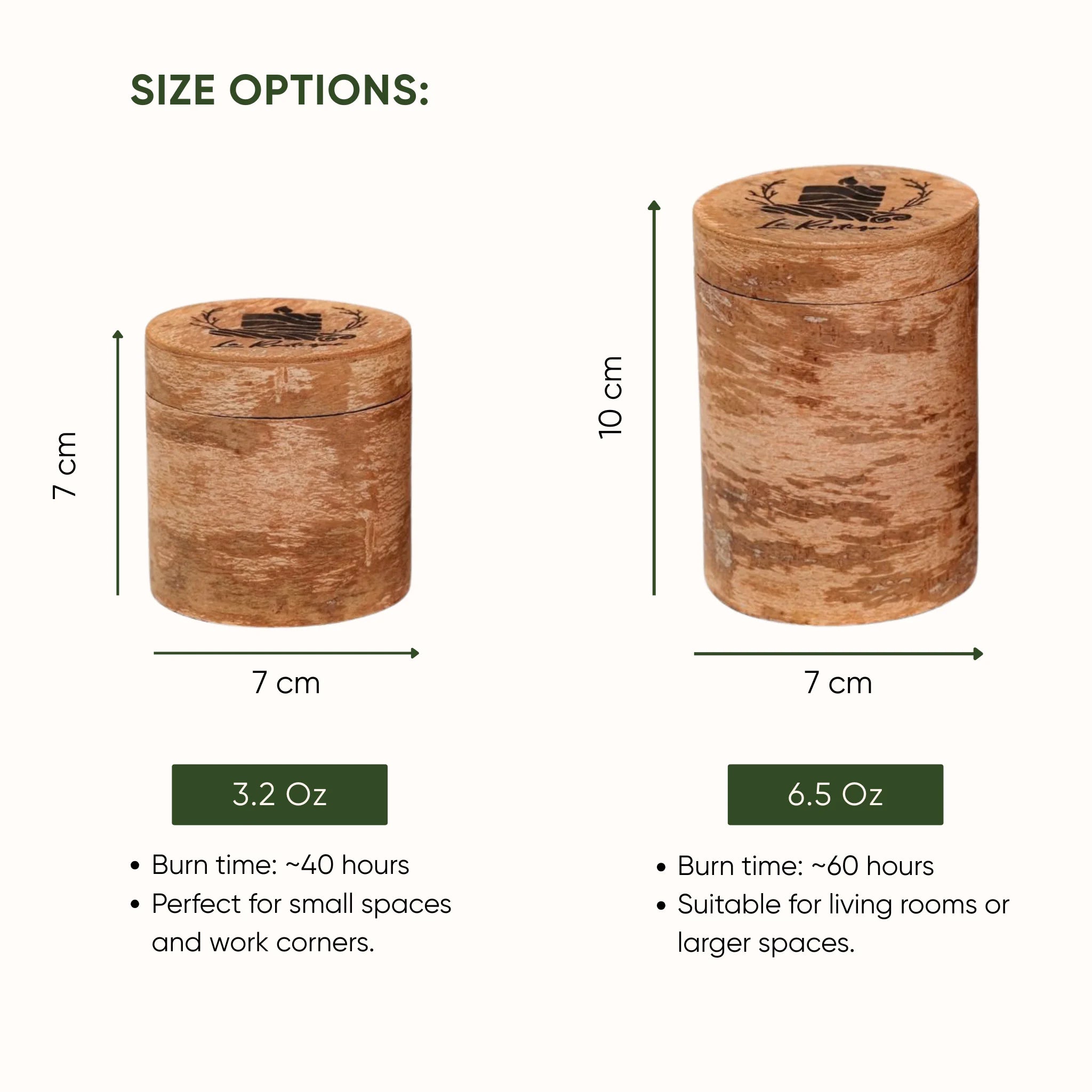 Le Rustique soy wax candle size options: 3.2oz and 6.5oz, burn time 40hours