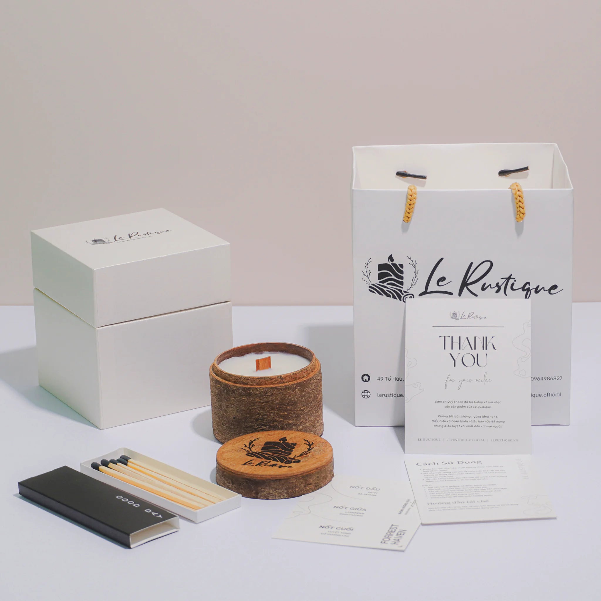Le Rustique Special Scented Candle Gift Set in elegant packaging, includes candles, thank you card, and matches.