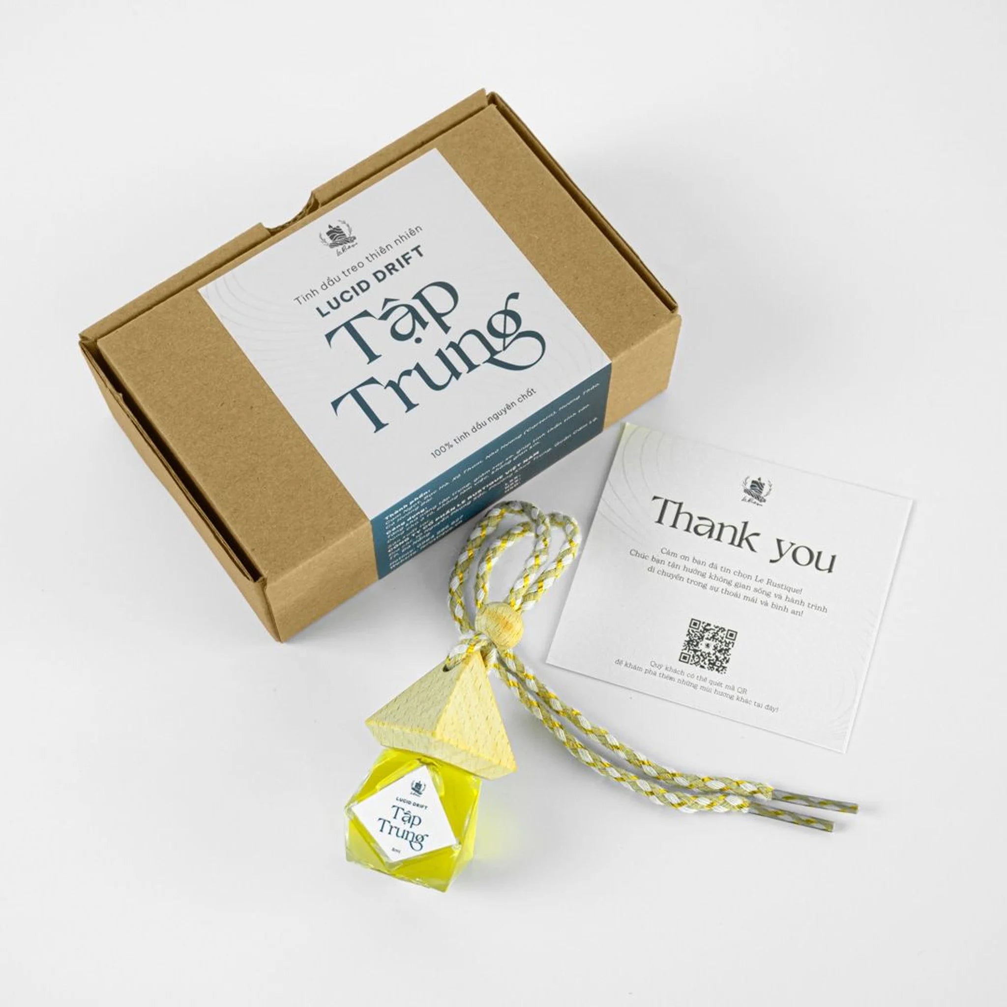 Lucid Drift hanging diffuser with packaging and a 'Thank you' card on a white background