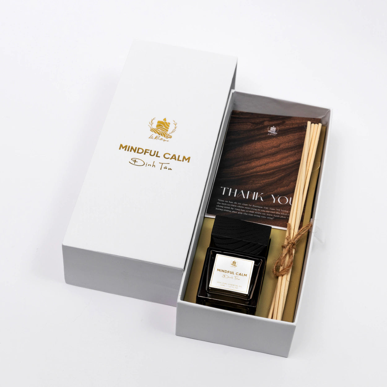 Mindful Calm Reed Diffuser Essential Oil in craft box for aromatherapy