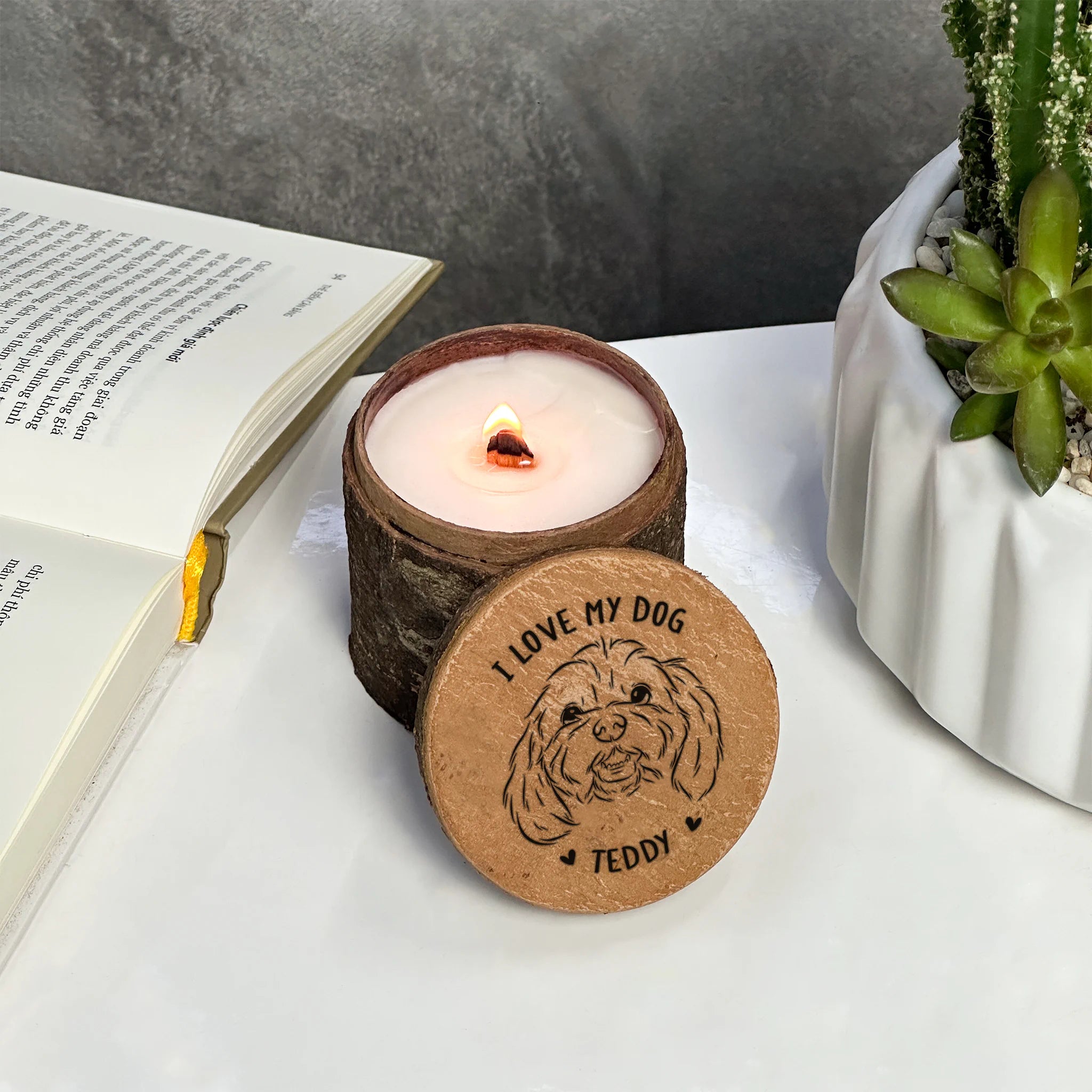 Custom Candle in a cinnamon holder with 'I love my dog' lid, laser engraving