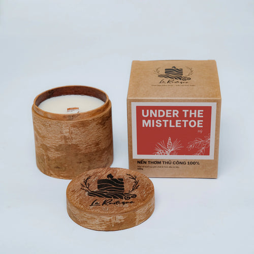 Natural Scented Candle in a cinanmon jar with packaging labeled 'Under the Mistletoe' on a white background, for aromatherapy