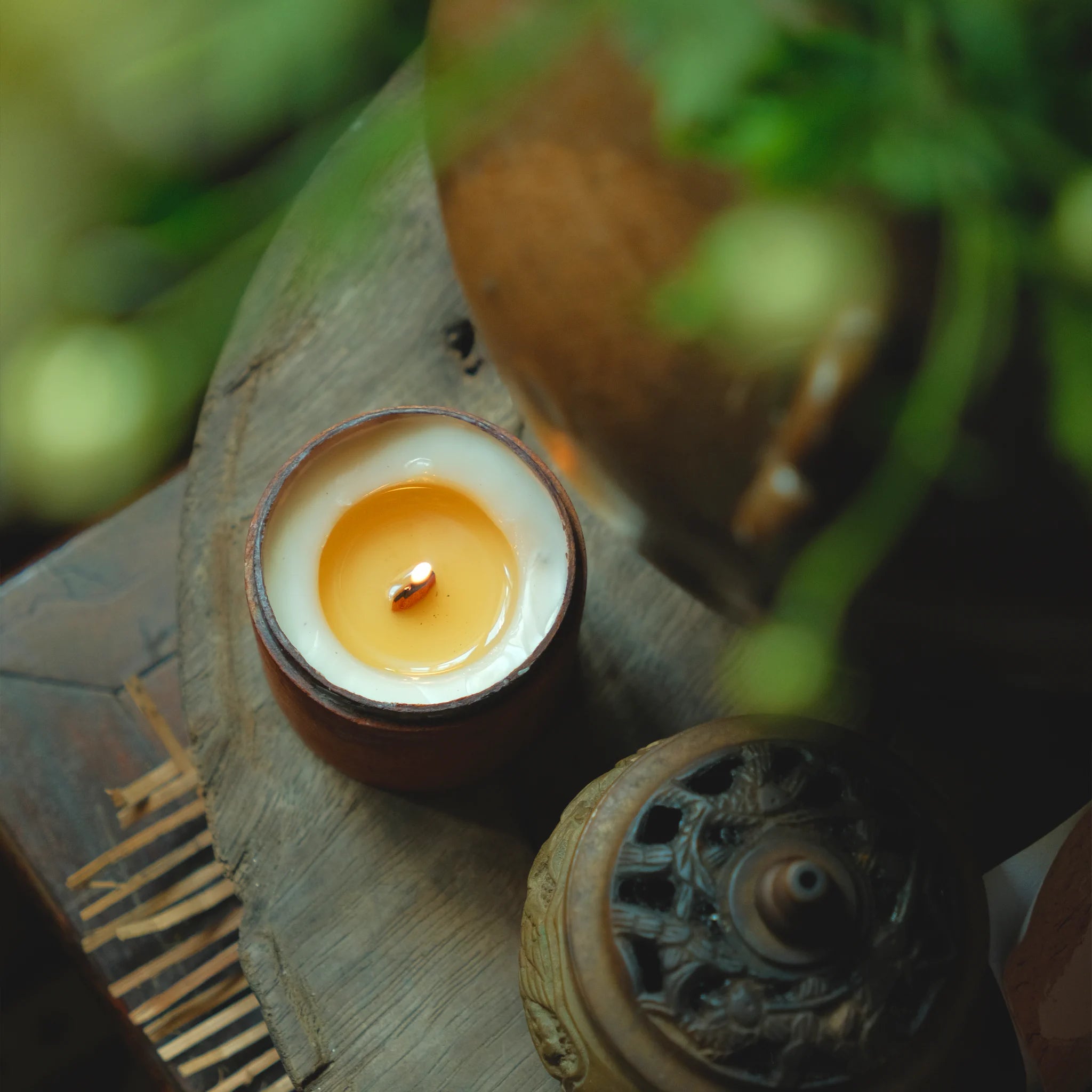 Youthful Joy cented candle in a decorative holder on a wooden surface with greenery in the background